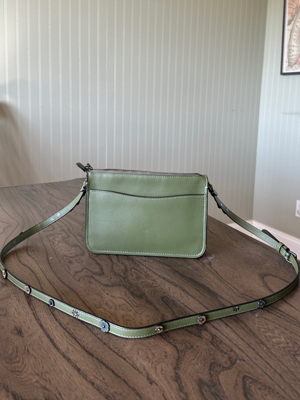Coach Army Green Leather Crossbody with Floral-Stud Strap